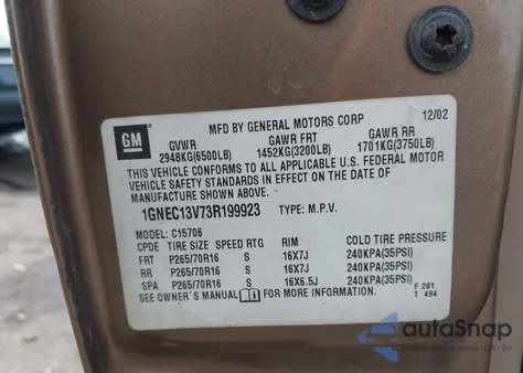 2003 Chevrolet Tahoe Ls z USA, uszkodzony, nr VIN 1GNEC13V73R199923